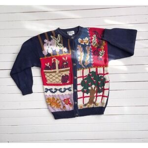 vtg P'Galli apple farm navy blue hand knit cardigan sweater‎